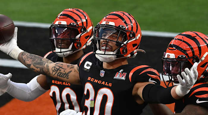 Cincinnati Bengals cornerback Jessie Bates (30) celebrates an interception against the Los Angeles Rams in the second quarter of Super Bowl LVI at SoFi Stadium